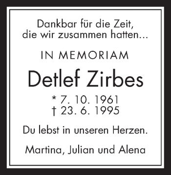 Traueranzeige von Detlef Zirbes von Gießener Allgemeine, Alsfelder Allgemeine