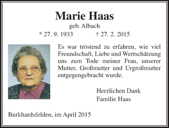 Traueranzeige von Marie Haas von Gießener Allgemeine, Alsfelder Allgemeine