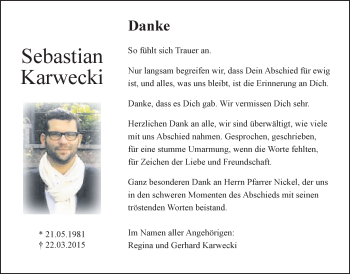 Traueranzeige von Sebastian Karwecki von Wetterauer Zeitung, Wetterauer Zeitung