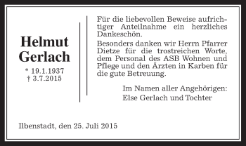 Traueranzeige von Helmut Gerlach von Wetterauer Zeitung, Wetterauer Zeitung