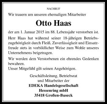Traueranzeige von Otto Haas von Giessener Allgemeine, Alsfelder Allgemeine