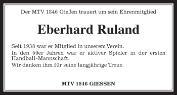Traueranzeige von Eberhard Ruland von Gießener Allgemeine, Alsfelder Allgemeine