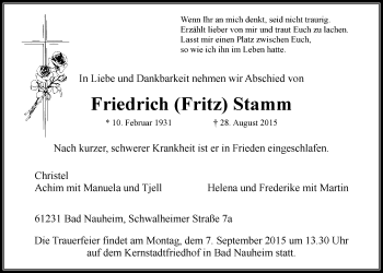 Traueranzeige von Friedrich Stamm von Wetterauer Zeitung, Wetterauer Zeitung