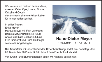 Traueranzeige von Hans-Dieter Meyer von Licher Wochenblatt, Licher Wochenblatt, Licher Wochenblatt