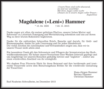 Traueranzeige von Magdalene Hammer von Wetterauer Zeitung
