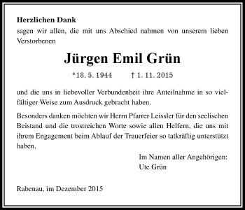 Traueranzeige von Jürgen Emil Grün von Rabenauer Zeitung