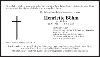 Traueranzeige von Henriette Böhm von Gießener Allgemeine, Alsfelder Allgemeine