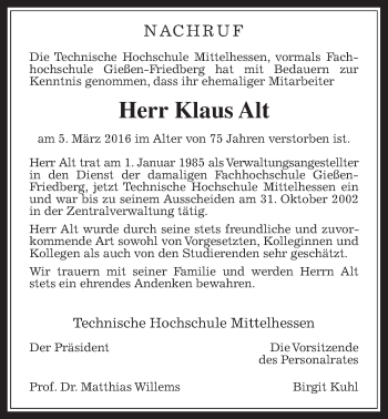 Traueranzeige von Klaus Alt von Gießener Allgemeine, Alsfelder Allgemeine