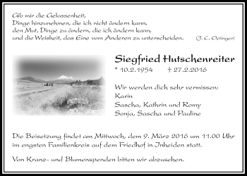 Traueranzeige von Siegfried Hutschenreiter von Licher Wochenblatt, Licher Wochenblatt, Licher Wochenblatt