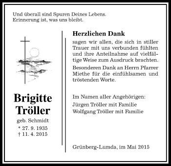 Traueranzeige von Brigitte Tröller von Gießener Allgemeine, Alsfelder Allgemeine
