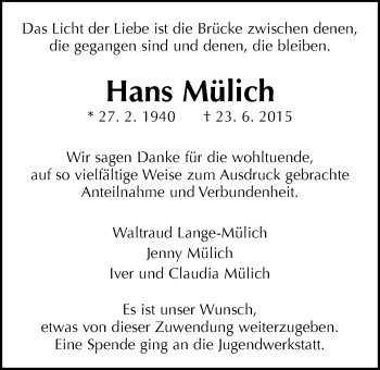 Traueranzeige von Hans Mülich von Gießener Allgemeine, Alsfelder Allgemeine