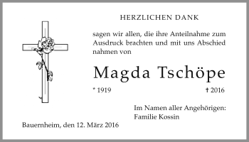 Traueranzeige von Magda Tschöpe von Wetterauer Zeitung, Wetterauer Zeitung