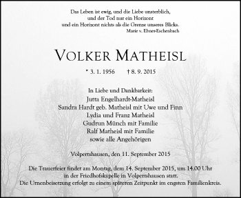 Traueranzeige von Volker Matheisl von Gießener Allgemeine, Alsfelder Allgemeine