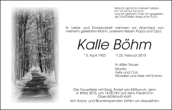 Traueranzeige von Kalle Böhm von Wetterauer Zeitung, Wetterauer Zeitung
