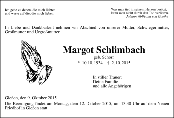 Traueranzeige von Margot Schlimbach von Gießener Allgemeine, Alsfelder Allgemeine
