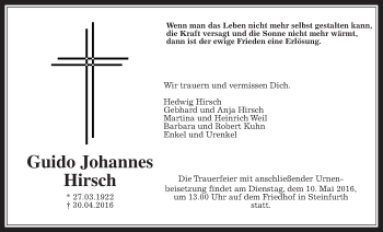 Traueranzeige von Guido Johannes Hirsch von Wetterauer Zeitung, Wetterauer Zeitung