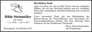 Traueranzeige von Hilde Steinmüller von Gießener Allgemeine, Alsfelder Allgemeine
