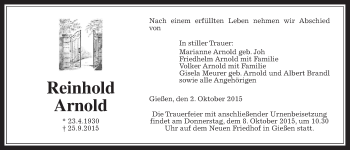 Traueranzeige von Reinhold Arnold von Gießener Allgemeine, Alsfelder Allgemeine