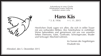 Traueranzeige von Hans Käs von Gießener Allgemeine, Alsfelder Allgemeine