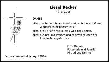 Traueranzeige von Liesel Becker von Gießener Allgemeine, Alsfelder Allgemeine