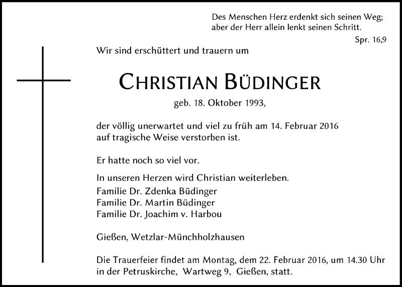  Traueranzeige für Christian Büdinger vom 17.02.2016 aus Gießener Allgemeine, Alsfelder Allgemeine