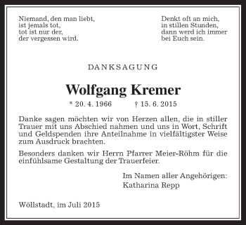 Traueranzeige von Wolfgang Kremer von Wetterauer Zeitung, Wetterauer Zeitung