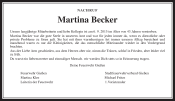 Traueranzeige von Martina Becker von Gießener Allgemeine, Alsfelder Allgemeine