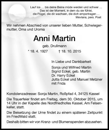 Traueranzeige von Anni Martin von Wetterauer Zeitung, Wetterauer Zeitung