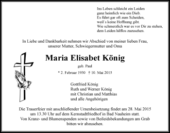 Traueranzeige von Maria Elisabet König von Wetterauer Zeitung, Wetterauer Zeitung