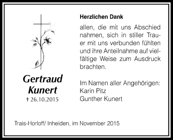 Traueranzeige von Gertraud Kunert von Licher Wochenblatt, Licher Wochenblatt, Licher Wochenblatt