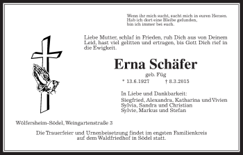 Traueranzeige von Erna Schäfer von Wetterauer Zeitung, Wetterauer Zeitung
