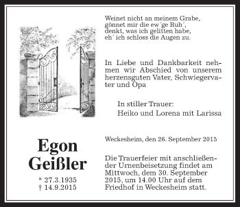 Traueranzeige von Egon Geißler von Wetterauer Zeitung, Wetterauer Zeitung