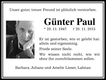 Traueranzeige von Günter Paul von Gießener Allgemeine, Alsfelder Allgemeine