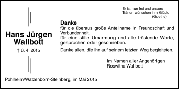 Traueranzeige von Hans-Jürgen Wallbott von Gießener Allgemeine, Alsfelder Allgemeine