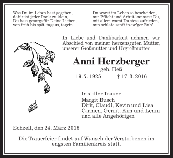 Traueranzeige von Anni Herzberger von Wetterauer Zeitung, Wetterauer Zeitung