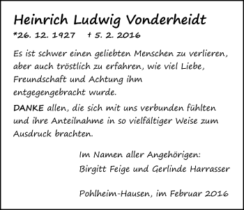 Traueranzeige von Heinrich Ludwig Vonderheidt von Pohlheimer Nachrichten
