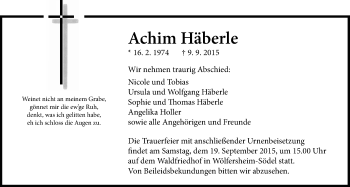 Traueranzeige von Achim Häberle von Wetterauer Zeitung, Wetterauer Zeitung