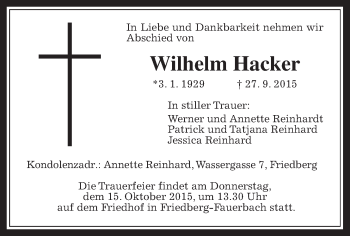 Traueranzeige von Wilhelm Hacker von Wetterauer Zeitung, Wetterauer Zeitung