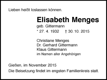 Traueranzeige von Elisabeth Menges von Gießener Allgemeine, Alsfelder Allgemeine