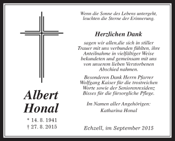 Traueranzeige von Albert Honal von Wetterauer Zeitung, Wetterauer Zeitung
