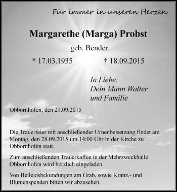 Traueranzeige von Margarethe Probst von Licher Wochenblatt, Licher Wochenblatt, Licher Wochenblatt