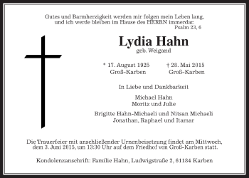 Traueranzeige von Lydia Hahn von Wetterauer Zeitung, Wetterauer Zeitung