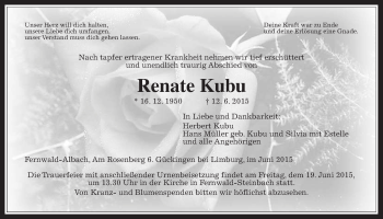 Traueranzeige von Renate Kubu von Gießener Allgemeine, Alsfelder Allgemeine, Wetterauer Zeitung, Wetterauer Zeitung