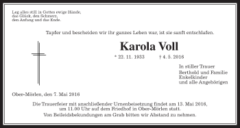 Traueranzeige von Karola Voll von Wetterauer Zeitung, Wetterauer Zeitung