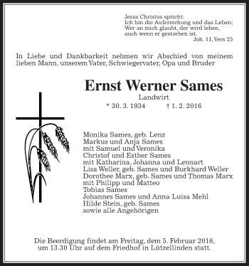 Traueranzeige von Ernst Werner Sames von Gießener Allgemeine, Alsfelder Allgemeine