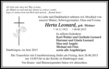 Traueranzeige von Herta Leonard von Gießener Allgemeine, Alsfelder Allgemeine