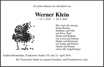 Traueranzeige von Werner Klein von Gießener Allgemeine, Alsfelder Allgemeine