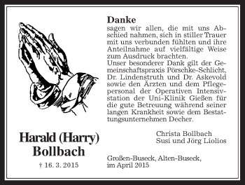 Traueranzeige von Harald Bollbach von Gießener Allgemeine, Alsfelder Allgemeine