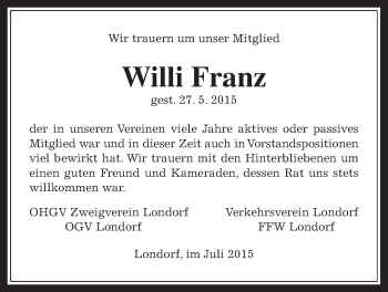 Traueranzeige von Willi Franz von Rabenauer Zeitung