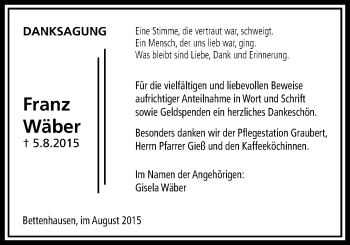 Traueranzeige von Franz Wäber von Licher Wochenblatt, Licher Wochenblatt, Licher Wochenblatt